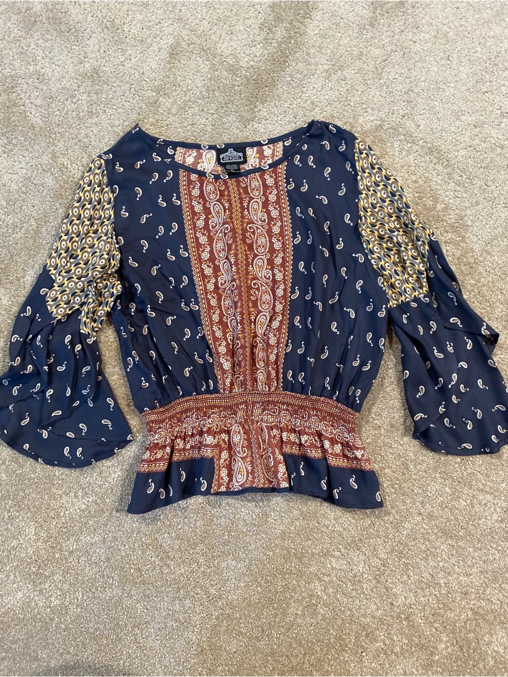 Angie Boho Mixed Paisley Smocked Waist Bell Sleeve Top Large